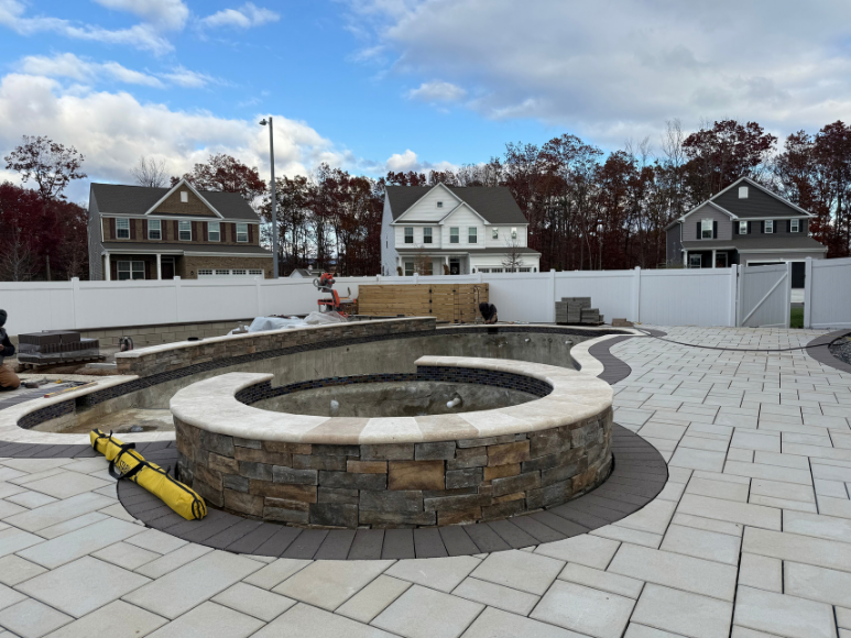 Aerial view pool and fire pit